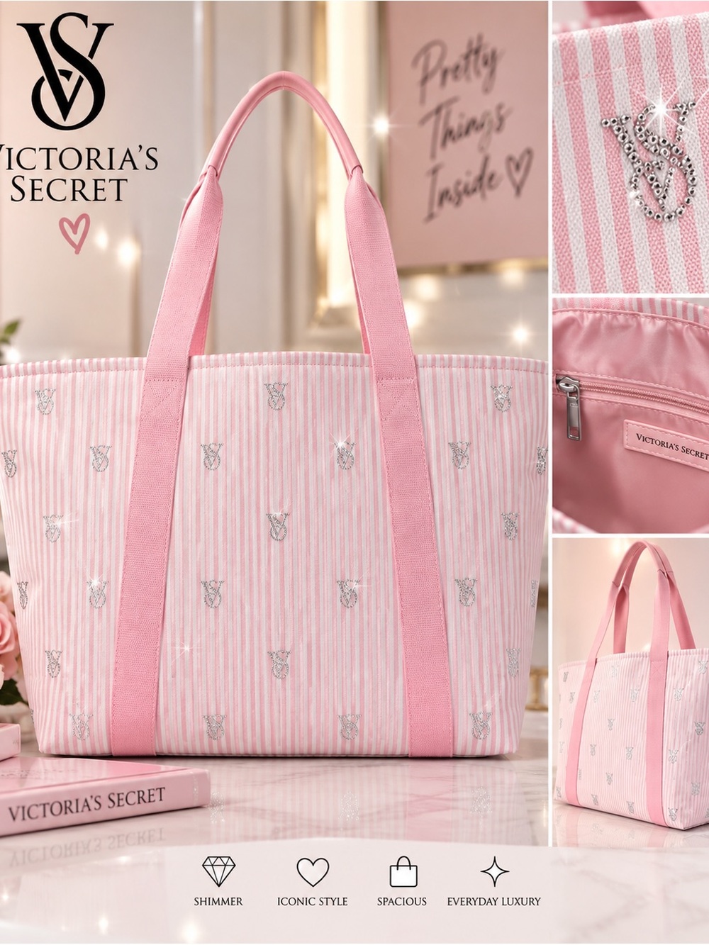 Victoria's Secret Pink Striped Logo Tote